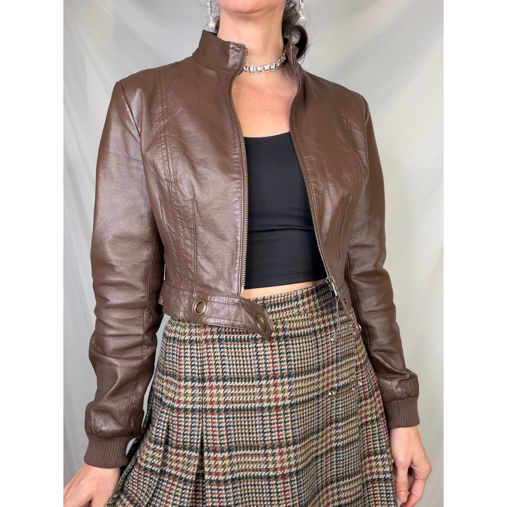 Newport News Leather Moto Jacket Brown Zip Front Vintage Y2K Convertible S - Picture 13 of 17